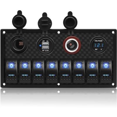 Geloo CT-CARID Panneau d'interrupteur à bascule à 8 interrupteurs LED 12 V/24 V Affichage numérique de la tension Double port USB Chargeur étanche pour camping-car, bateaux, voitures Bleu Geloo CT-CARID Panneau d'interrupteur à bascule à 8 interrupteurs LED 12 V/24 V Affichage numérique de la tension Double port USB Chargeur étanche pour camping-car, bateaux, voitures Bleu