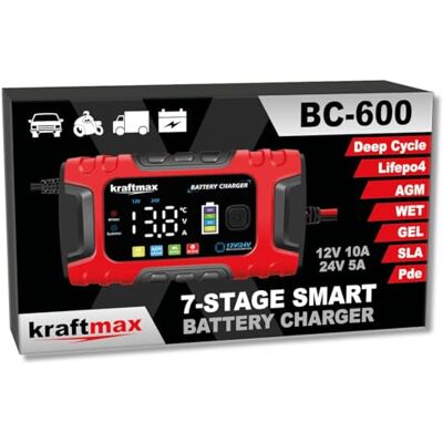 kraftmax Chargeur de batterie de voiture 10 A 12 V/24 V, 7 niveaux entièrement automatique avec écran LCD, pour batteries AGM, humides, gel, plomb-acide et LiFePO4 kraftmax Chargeur de batterie de voiture 10 A 12 V/24 V, 7 niveaux entièrement automatique avec écran LCD, pour batteries AGM, humides, gel, plomb-acide et LiFePO4