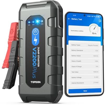 TOPDON Booster Batterie Voiture 2200A et 12V Testeur de Batterie, V2200 Plus Demarreur Batterie Voiture Jump Starter pour Moteurs Diesel Jusqu'à 8L TOPDON Booster Batterie Voiture 2200A et 12V Testeur de Batterie, V2200 Plus Demarreur Batterie Voiture Jump Starter pour Moteurs Diesel Jusqu'à 8L