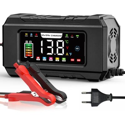 Husgw Chargeur de batterie de voiture, 12 V et 24 V, chargeur de batterie intelligent entièrement automatique avec compensation de température pour voiture, camion, moto, marine (15 A-noir) Husgw Chargeur de batterie de voiture, 12 V et 24 V, chargeur de batterie intelligent entièrement automatique avec compensation de température pour voiture, camion, moto, marine (15 A-noir)