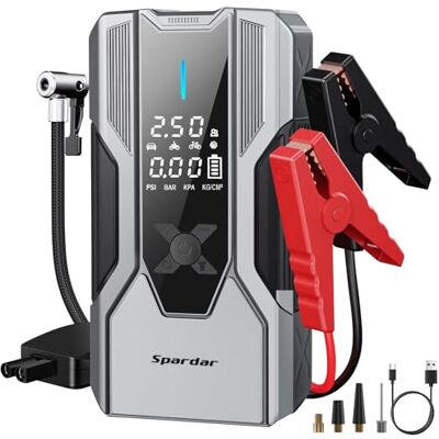 Spardar Batterie de démarrage 8000 A pour voiture, 150 psi, 12 V (pour tous les moteurs essence et diesel de 10 L), fonction de charge rapide de type C, batterie externe avec lampe de poche LED Spardar Batterie de démarrage 8000 A pour voiture, 150 psi, 12 V (pour tous les moteurs essence et diesel de 10 L), fonction de charge rapide de type C, batterie externe avec lampe de poche LED