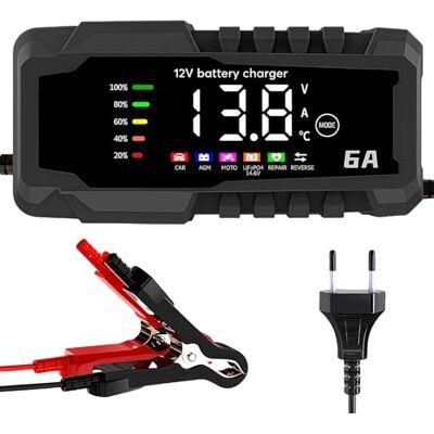 GOEDCH Chargeur de Batterie de Voiture: 12V 6A Chargeur de Batterie de Voiture entièrement Automatique, Chargeur de Voiture avec Compensation de température et écran LCD pour Voiture, Camion, Moto GOEDCH Chargeur de Batterie de Voiture: 12V 6A Chargeur de Batterie de Voiture entièrement Automatique, Chargeur de Voiture avec Compensation de température et écran LCD pour Voiture, Camion, Moto
