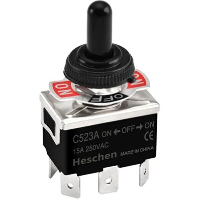 Heschen Interrupteur à bascule en métal, C523A, DPDT, maintenu, Marche/Arrêt/Marche, 3 positions, 15A 250VAC, terminal à 6 languettes, CE, avec capuchon étanche (1) Heschen Interrupteur à bascule en métal, C523A, DPDT, maintenu, Marche/Arrêt/Marche, 3 positions, 15A 250VAC, terminal à 6 languettes, CE, avec capuchon étanche (1)