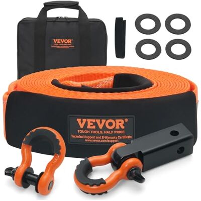 VEVOR Kit de récupération de sangle de remorquage robuste en polyester, 76,2 mm x 9,1 m, corde de treuil, 16329 kg, boucle triple renforcée, sangle d'arrachage, récepteur d'attelage à manille de 50 mm VEVOR Kit de récupération de sangle de remorquage robuste en polyester, 76,2 mm x 9,1 m, corde de treuil, 16329 kg, boucle triple renforcée, sangle d'arrachage, récepteur d'attelage à manille de 50 mm