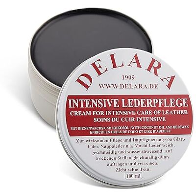 DELARA Entretien intensif du cuir, Couleur: noir, 100 ml Imprègne et protège le cuir très efficacement, nouvelle formule à base d'huile de coco et cire d'abeille de haute qualité DELARA Entretien intensif du cuir, Couleur: noir, 100 ml Imprègne et protège le cuir très efficacement, nouvelle formule à base d'huile de coco et cire d'abeille de haute qualité