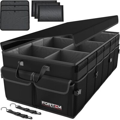 FORTEM Organisateur de Coffre Voiture, Rangement Pliable SUV Multi Compartiments, Accessoires Auto pour Femme Homme, Tissu Oxford 600D, Fond Antidérapant, Sangles de Fixation, Couvercle Souple (85L) FORTEM Organisateur de Coffre Voiture, Rangement Pliable SUV Multi Compartiments, Accessoires Auto pour Femme Homme, Tissu Oxford 600D, Fond Antidérapant, Sangles de Fixation, Couvercle Souple (85L)