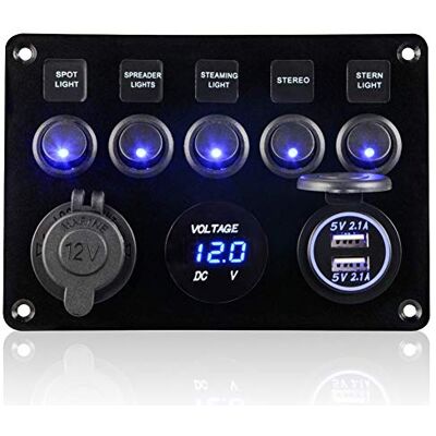 Geloo 5 Gang Panneau de Interrupteur à Bascule 12V/24V Étanche IP65 Panneau de Commutateur avec Chargeur Double USB Voltmètre Numérique pour Voiture Bateau Camion RV Marine Camping-car Geloo 5 Gang Panneau de Interrupteur à Bascule 12V/24V Étanche IP65 Panneau de Commutateur avec Chargeur Double USB Voltmètre Numérique pour Voiture Bateau Camion RV Marine Camping-car