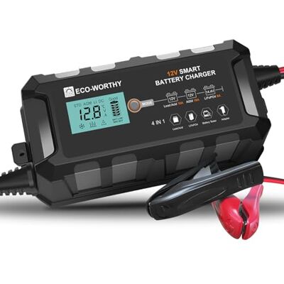 ECO-WORTHY Chargeur de batterie de voiture LiFePO4 10 A, 12 V, chargeur de maintien avec activation de la batterie au lithium pour voiture, camion, moto, tondeuse, bateau, marine ECO-WORTHY Chargeur de batterie de voiture LiFePO4 10 A, 12 V, chargeur de maintien avec activation de la batterie au lithium pour voiture, camion, moto, tondeuse, bateau, marine