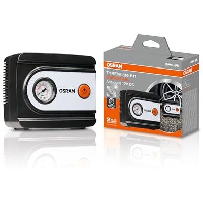 OSRAM TYREinflate 611 ESSENTIAL, gonfleur analogique, gonflage en 4,5 minutes, tuyau de 60 cm, adaptateur inclus OSRAM TYREinflate 611 ESSENTIAL, gonfleur analogique, gonflage en 4,5 minutes, tuyau de 60 cm, adaptateur inclus