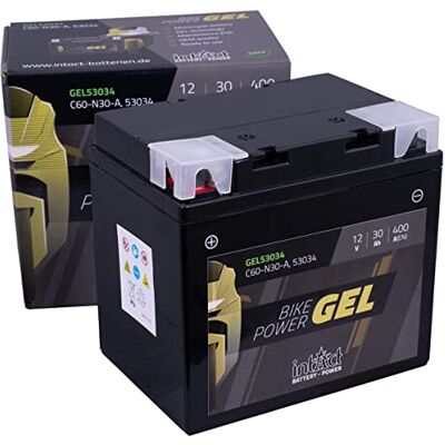 Intact Batterie de moto en gel Batterie avec +30% de puissance de démarrage. Pour scooter, moto, tracteur tondeuse Bike-Power GEL53034. Remplace la batterie C60-N30-A, 12 V, 30 AH, 400 A Intact Batterie de moto en gel Batterie avec +30% de puissance de démarrage. Pour scooter, moto, tracteur tondeuse Bike-Power GEL53034. Remplace la batterie C60-N30-A, 12 V, 30 AH, 400 A