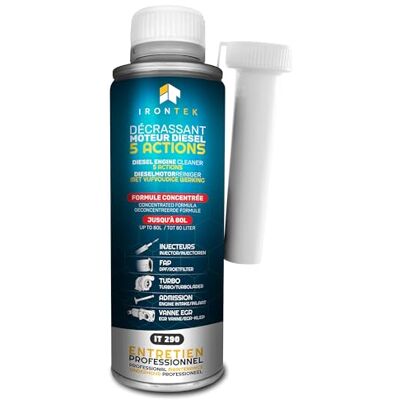 IRONTEK LUBRIFIANTS HAUTE QUALITE Décrassant Diesel 5en1 375ml IRONTEK IT 290 Sans Démontage Traitement Complet FAP Turbo EGR Injecteurs Réduit Émissions IRONTEK LUBRIFIANTS HAUTE QUALITE Décrassant Diesel 5en1 375ml IRONTEK IT 290 Sans Démontage Traitement Complet FAP Turbo EGR Injecteurs Réduit Émissions