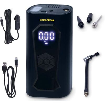Goodyear Compresseur portable rechargeable sans fil 6000 mAh, 5 en 1, gonflage, dégonflage, mesure de pression, banque d'alimentation, lampe de poche 6 LED, accessoires inclus, prise allume-cigare Goodyear Compresseur portable rechargeable sans fil 6000 mAh, 5 en 1, gonflage, dégonflage, mesure de pression, banque d'alimentation, lampe de poche 6 LED, accessoires inclus, prise allume-cigare