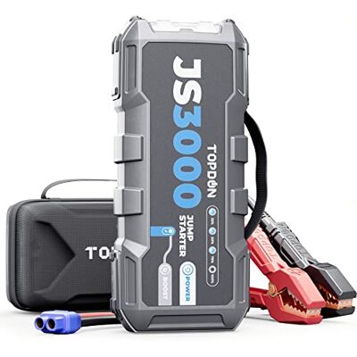 TOPDON Chargeur de batterie de voiture 12 V 3000 A JS3000 pour moteurs diesel jusqu'à 9 L / 7 L, charge de batterie portable avec poignée et câble de démarrage en EVA TOPDON Chargeur de batterie de voiture 12 V 3000 A JS3000 pour moteurs diesel jusqu'à 9 L / 7 L, charge de batterie portable avec poignée et câble de démarrage en EVA