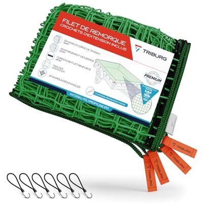 TRIBURG Filet pour remorque 1,5x2,7 incl. 6x crochets extenseurs Filet pour remorque avec marquage des coins et renforcement des bords incl. 6x tendeurs en caoutchouc avec crochets TRIBURG Filet pour remorque 1,5x2,7 incl. 6x crochets extenseurs Filet pour remorque avec marquage des coins et renforcement des bords incl. 6x tendeurs en caoutchouc avec crochets