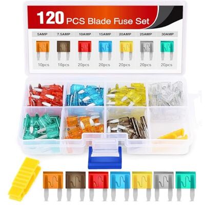 Nilight Kit de mini fusibles à lame ATM et Apm assortis, 120 pièces, 5 A, 7,5 A, 10 A, 15 A, 20 A, 25 A, 30 A, pour véhicules, voitures, motos, camions, bateaux Nilight Kit de mini fusibles à lame ATM et Apm assortis, 120 pièces, 5 A, 7,5 A, 10 A, 15 A, 20 A, 25 A, 30 A, pour véhicules, voitures, motos, camions, bateaux