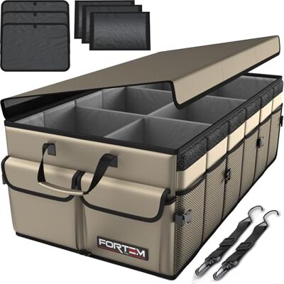 FORTEM Organisateur de Coffre Voiture, Rangement Pliable SUV Multi Compartiments, Accessoires Auto pour Femme Homme, Tissu Oxford 600D, Fond Antidérapant, Sangles de Fixation, Couvercle Souple (85L) FORTEM Organisateur de Coffre Voiture, Rangement Pliable SUV Multi Compartiments, Accessoires Auto pour Femme Homme, Tissu Oxford 600D, Fond Antidérapant, Sangles de Fixation, Couvercle Souple (85L)