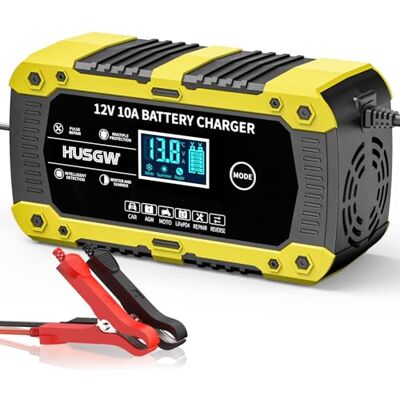 Husgw Chargeur de batterie de voiture 10 A, chargeur de batterie intelligent automatique 12 V avec compensation de température, réparation de batterie de voiture et désulfateur pour voiture, moto, SUV Husgw Chargeur de batterie de voiture 10 A, chargeur de batterie intelligent automatique 12 V avec compensation de température, réparation de batterie de voiture et désulfateur pour voiture, moto, SUV