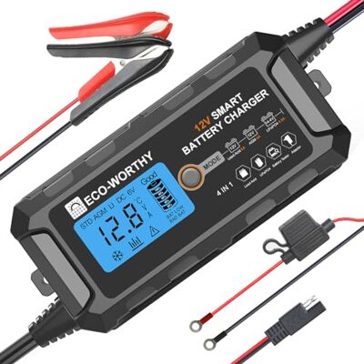ECO-WORTHY Chargeur de batterie de voiture 5 A, 12 V, chargeur de maintenance, avec activation de la batterie au lithium, pour voiture, camion, moto, tondeuse, bateau, marine ECO-WORTHY Chargeur de batterie de voiture 5 A, 12 V, chargeur de maintenance, avec activation de la batterie au lithium, pour voiture, camion, moto, tondeuse, bateau, marine