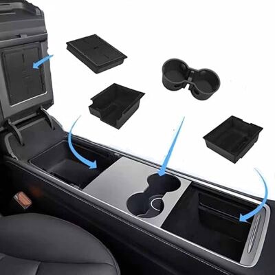 NEWFUN Lot de 4 accessoires pour Tesla Model Y 2021-2024 et modèle 3 2021-2023, organisateur de console centrale, compartiment de rangement pour accoudoir, tiroir caché et porte boissons NEWFUN Lot de 4 accessoires pour Tesla Model Y 2021-2024 et modèle 3 2021-2023, organisateur de console centrale, compartiment de rangement pour accoudoir, tiroir caché et porte boissons