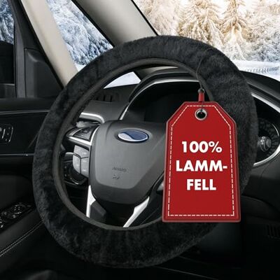 Walser Housse de volant en fourrure d'agneau pour voiture, 100% fourrure d'agneau pour protection de volant de voiture, housse de volant hiver, chauffe-volant noir Walser Housse de volant en fourrure d'agneau pour voiture, 100% fourrure d'agneau pour protection de volant de voiture, housse de volant hiver, chauffe-volant noir