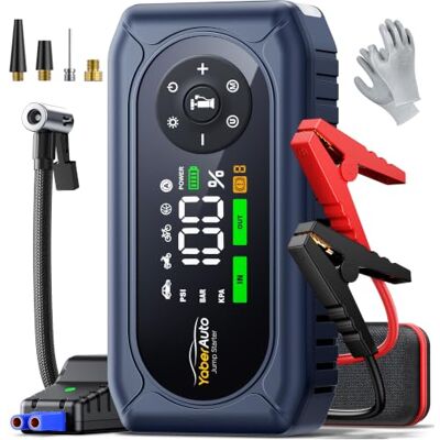 YaberAuto Démarreur avec Compresseur, Démarreur externe 150 PSI 4500A, pour Moteurs Essence 9L et Diesel 8L, avec éclairage Multifonction 500 Lumens et écran LCD YaberAuto Démarreur avec Compresseur, Démarreur externe 150 PSI 4500A, pour Moteurs Essence 9L et Diesel 8L, avec éclairage Multifonction 500 Lumens et écran LCD