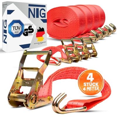 NTG Lot de 4 tendeurs jusqu'à 2000 kg/daN 4 m de long Certifié TÜV/GS 2 pièces Largeur : 35 mm Sangles d'arrimage robustes et résistantes aux intempéries NTG Lot de 4 tendeurs jusqu'à 2000 kg/daN 4 m de long Certifié TÜV/GS 2 pièces Largeur : 35 mm Sangles d'arrimage robustes et résistantes aux intempéries