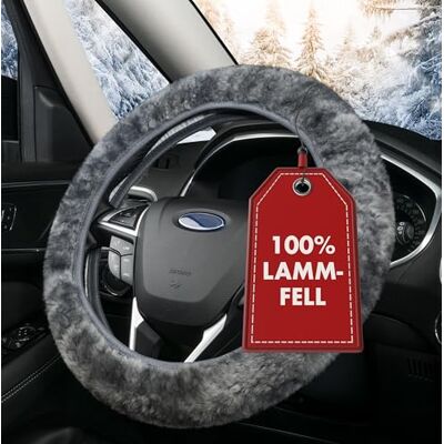 Walser Housse de volant en fourrure d'agneau pour voiture, 100% fourrure d'agneau pour protection de volant de voiture, housse de volant hiver, chauffe-volant gris Walser Housse de volant en fourrure d'agneau pour voiture, 100% fourrure d'agneau pour protection de volant de voiture, housse de volant hiver, chauffe-volant gris