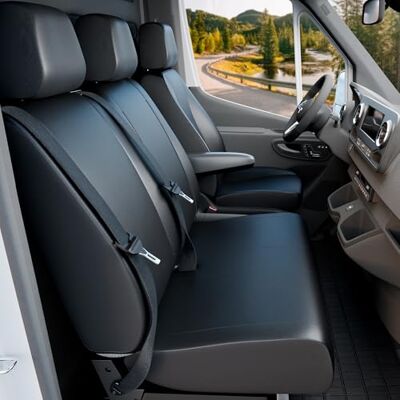 Walser Transporter Housses de siège auto en similicuir compatible avec VW Crafter, Mercedes Sprinter, 1 siège individuel à l'avant (évidement accoudoir) & double banquette avant rabattable Walser Transporter Housses de siège auto en similicuir compatible avec VW Crafter, Mercedes Sprinter, 1 siège individuel à l'avant (évidement accoudoir) & double banquette avant rabattable