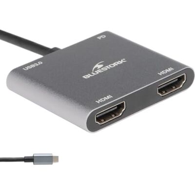 Bluestork Hub USB C, 4 en 1 avec Power Delivery Charge 100W Adaptateur USB C vers HDMI Connexion 2 écrans en simultanée Via Double HDMI 1x Hub USB 3.0-1x Dock USB C Windows – New Bluestork Hub USB C, 4 en 1 avec Power Delivery Charge 100W Adaptateur USB C vers HDMI Connexion 2 écrans en simultanée Via Double HDMI 1x Hub USB 3.0-1x Dock USB C Windows – New
