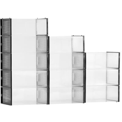 VEVOR Lot de 12 boîtes de rangement empilables pour chaussures de taille 45, en plastique modulaire pour économiser de l'espace pour talons hauts, bottes et chapeaux, cadre noir VEVOR Lot de 12 boîtes de rangement empilables pour chaussures de taille 45, en plastique modulaire pour économiser de l'espace pour talons hauts, bottes et chapeaux, cadre noir