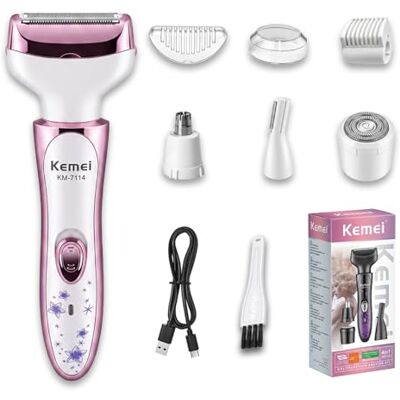 KEMEI 7114 Rasoir Électrique Femme 4-en-1 Sans Fil, Rose KEMEI 7114 Rasoir Électrique Femme 4-en-1 Sans Fil, Rose
