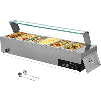 VEVOR Réchauffeur commercial, chauffe-plat électrique en acier inoxydable de 1500 W avec couvercle en verre, bain d'eau de comptoir à 6 plaques de 1/3, avec soupe et louches perforées, pour VEVOR Réchauffeur commercial, chauffe-plat électrique en acier inoxydable de 1500 W avec couvercle en verre, bain d'eau de comptoir à 6 plaques de 1/3, avec soupe et louches perforées, pour