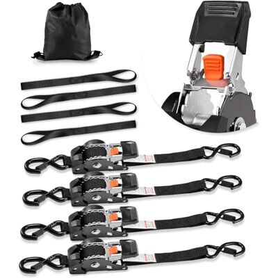VEVOR Lot de 4 sangles d'arrimage rétractables à cliquet de 2,5 cm x 3 m avec crochets en S – Résistance à la rupture de 544,3 kg – 4 boucles souples – Cliquet d'arrimage pour déménagement, remorques VEVOR Lot de 4 sangles d'arrimage rétractables à cliquet de 2,5 cm x 3 m avec crochets en S – Résistance à la rupture de 544,3 kg – 4 boucles souples – Cliquet d'arrimage pour déménagement, remorques