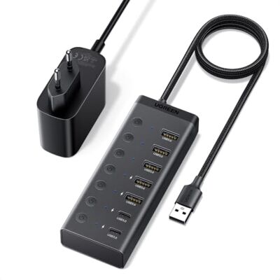 UGREEN Hub USB-A 7 en 1 Alimenté avec Interrupteurs, Câble de 100 cm Multiprise USB avec 5 ports USB-A + 2 USB-C, 5 Gbps, alimentation incluse, pour PC Ordinateur Portable Disque Dur Clavier UGREEN Hub USB-A 7 en 1 Alimenté avec Interrupteurs, Câble de 100 cm Multiprise USB avec 5 ports USB-A + 2 USB-C, 5 Gbps, alimentation incluse, pour PC Ordinateur Portable Disque Dur Clavier
