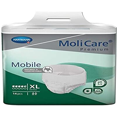 Molicare Premium Mobile Lot de 14 pantalons jetables pour l'incontinence pour les femmes et les hommes, 5 gouttes, taille XL (130-170 cm de tour de hanche) Molicare Premium Mobile Lot de 14 pantalons jetables pour l'incontinence pour les femmes et les hommes, 5 gouttes, taille XL (130-170 cm de tour de hanche)