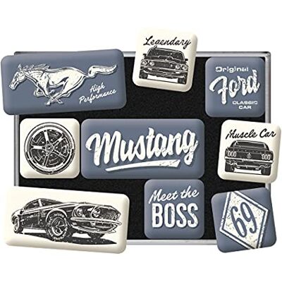 ART Aimants pour frigo rétro, 9 pièces, Ford Mustang – The Boss – Idée cadeau pour fans de Ford, Official License Product (OLP), décoration pour tableau magnétique, design vintage ART Aimants pour frigo rétro, 9 pièces, Ford Mustang – The Boss – Idée cadeau pour fans de Ford, Official License Product (OLP), décoration pour tableau magnétique, design vintage