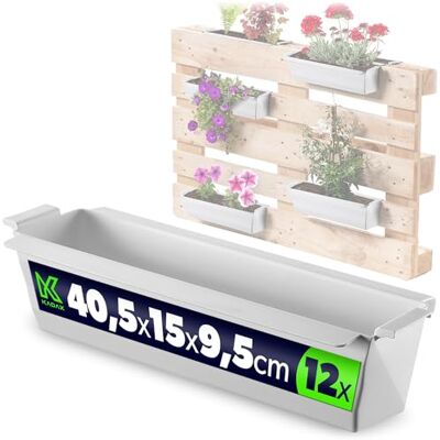 KADAX Lot de 12 jardinières pour palettes avec système de suspension, 37 x 9 cm, blanches, à planter et décorer, comme jardinière de balcon, bac à fleurs pour palette européenne, insert de pot de KADAX Lot de 12 jardinières pour palettes avec système de suspension, 37 x 9 cm, blanches, à planter et décorer, comme jardinière de balcon, bac à fleurs pour palette européenne, insert de pot de