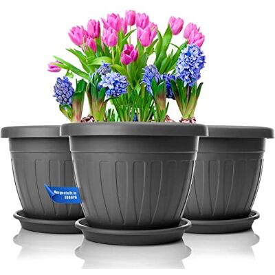 BigDean Lot de 3 pots de fleurs ronds avec soucoupe Ø 33 x H 25 cm Anthracite – Pot de fleurs résistant aux intempéries – Évacuation de l'eau en plastique incassable – Convient pour l'intérieur et l'extérieur – Fabriqué en Europe BigDean Lot de 3 pots de fleurs ronds avec soucoupe Ø 33 x H 25 cm Anthracite – Pot de fleurs résistant aux intempéries – Évacuation de l'eau en plastique incassable – Convient pour l'intérieur et l'extérieur – Fabriqué en Europe