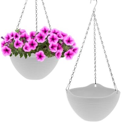 Spetebo Lot de 2 pots de fleurs suspendus blancs avec structure rainurée 25 cm En plastique avec drainage et chaîne en métal Décoration de jardin Spetebo Lot de 2 pots de fleurs suspendus blancs avec structure rainurée 25 cm En plastique avec drainage et chaîne en métal Décoration de jardin