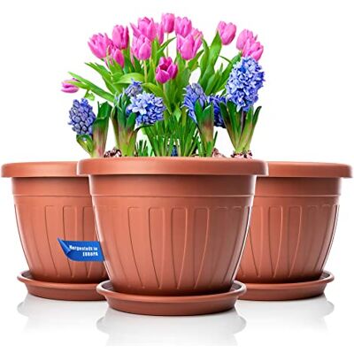 BigDean Lot de 3 pots de fleurs ronds avec soucoupe Ø 33 x H 25 cm Terracotta – Pot de fleurs résistant aux intempéries – Évacuation de l'eau résistante aux UV en plastique incassable – Convient pour l'intérieur et l'extérieur – Fabriqué en Europe BigDean Lot de 3 pots de fleurs ronds avec soucoupe Ø 33 x H 25 cm Terracotta – Pot de fleurs résistant aux intempéries – Évacuation de l'eau résistante aux UV en plastique incassable – Convient pour l'intérieur et l'extérieur – Fabriqué en Europe