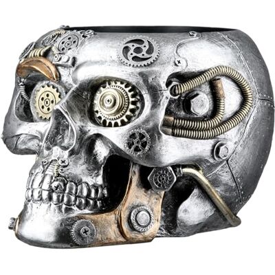 GILDE Cache-pot Steampunk Skull Planter Résine synthétique Hauteur 14 cm x largeur 18 cm Argent Finition antique Motif engrenages Crâne GILDE Cache-pot Steampunk Skull Planter Résine synthétique Hauteur 14 cm x largeur 18 cm Argent Finition antique Motif engrenages Crâne