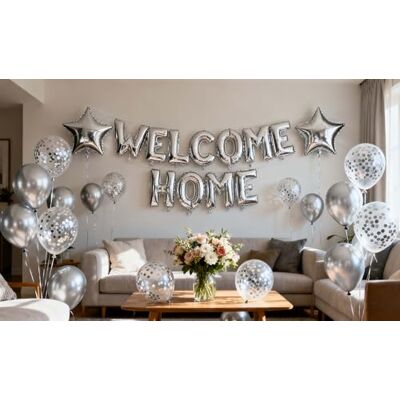 Fechy Affiche de ballons de bienvenue à la maison avec ballons de confettis en étoile pour décoration de fête familiale (lot de 24) (argent) Fechy Affiche de ballons de bienvenue à la maison avec ballons de confettis en étoile pour décoration de fête familiale (lot de 24) (argent)