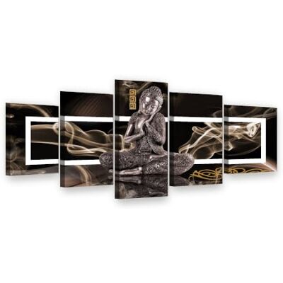 Visario Tableau sur toile 5 pièces XXL 200x100 cm 6306 Bouddha avec fumée Bouddha en méditation marron et or Ensemble mural tendu sur châssis en bois Visario Tableau sur toile 5 pièces XXL 200x100 cm 6306 Bouddha avec fumée Bouddha en méditation marron et or Ensemble mural tendu sur châssis en bois