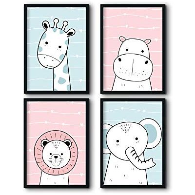 bilderreich Lot de 4 posters pour chambre d'enfant Décoration pour chambre de bébé Motif animaux de dessin animé Sans cadre 4 x 20 x 30 cm bilderreich Lot de 4 posters pour chambre d'enfant Décoration pour chambre de bébé Motif animaux de dessin animé Sans cadre 4 x 20 x 30 cm