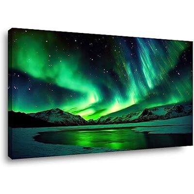 Visario Impression sur toile aux aurores boréales 80 x 60 cm Tableau mural sur cadre en bois Aurores boréales sur les montagnes Impression d'art de qualité supérieure pour salon, chambre à Visario Impression sur toile aux aurores boréales 80 x 60 cm Tableau mural sur cadre en bois Aurores boréales sur les montagnes Impression d'art de qualité supérieure pour salon, chambre à