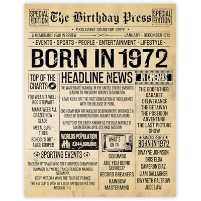 Stuff4 Poster de 53e anniversaire sans cadre – Journal vintage « Born In 1972 » – Cadeau d'anniversaire pour homme et femme – 20,3 x 25,4 cm – Décoration pour fête d'anniversaire Stuff4 Poster de 53e anniversaire sans cadre – Journal vintage « Born In 1972 » – Cadeau d'anniversaire pour homme et femme – 20,3 x 25,4 cm – Décoration pour fête d'anniversaire