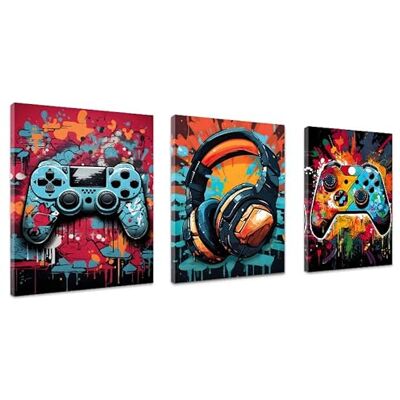 Kepuarm Lot de 3 toiles murales encadrées pour décoration murale de salle de jeux, jeux vidéo, affiches d'aquarelles sur le thème des jeux vidéo pour garçons, enfants, adolescents, salle de jeux, chambre à Kepuarm Lot de 3 toiles murales encadrées pour décoration murale de salle de jeux, jeux vidéo, affiches d'aquarelles sur le thème des jeux vidéo pour garçons, enfants, adolescents, salle de jeux, chambre à