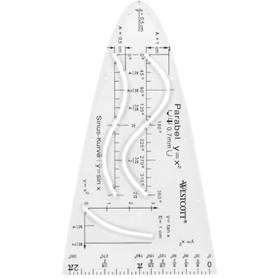 Westcott E-110213 00 Pochoir de parabole pour mathématiques avec parabole, courbe sinusoïdale et tangente Transparent Pour l'école et la technique Westcott E-110213 00 Pochoir de parabole pour mathématiques avec parabole, courbe sinusoïdale et tangente Transparent Pour l'école et la technique