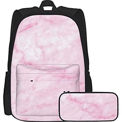 Lanyanlei Ensemble sac à dos et trousse à crayons unisexe motif marbre rose, sac à dos multifonctionnel en deux pièces, sac d'école décontracté avec trousse à crayons pour garçons et filles Lanyanlei Ensemble sac à dos et trousse à crayons unisexe motif marbre rose, sac à dos multifonctionnel en deux pièces, sac d'école décontracté avec trousse à crayons pour garçons et filles