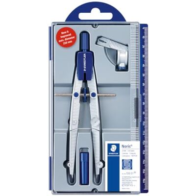 Staedtler Noris 550 Compas scolaire métal – réglage rapide, Ø 395 mm Vis centrale pour réglage rapide, branches pliables – set de géométrie avec étui – Art.-Nr. 550 01 Staedtler Noris 550 Compas scolaire métal – réglage rapide, Ø 395 mm Vis centrale pour réglage rapide, branches pliables – set de géométrie avec étui – Art.-Nr. 550 01